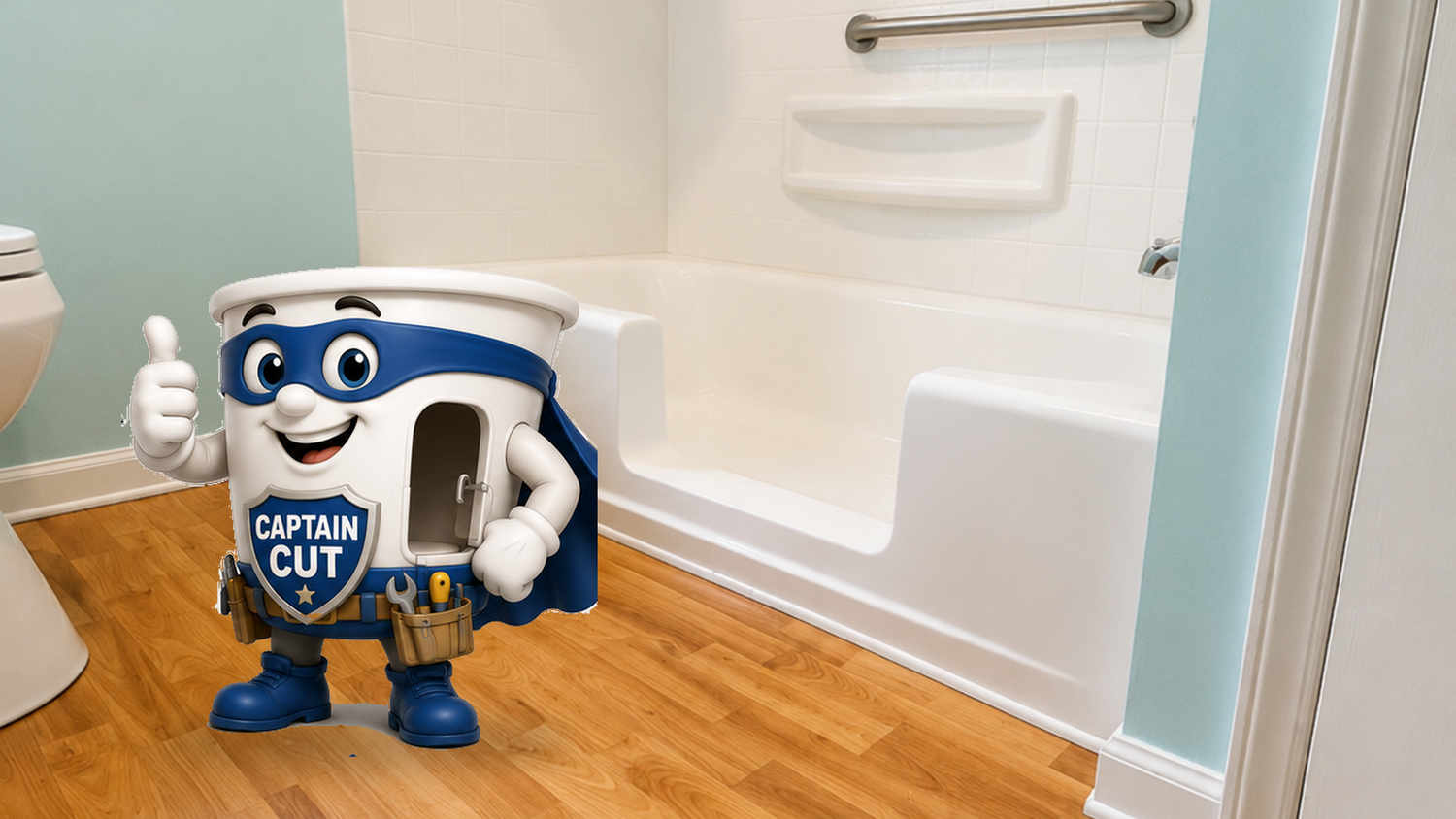 Captain Cut beside a professionally converted low-entry bathtub