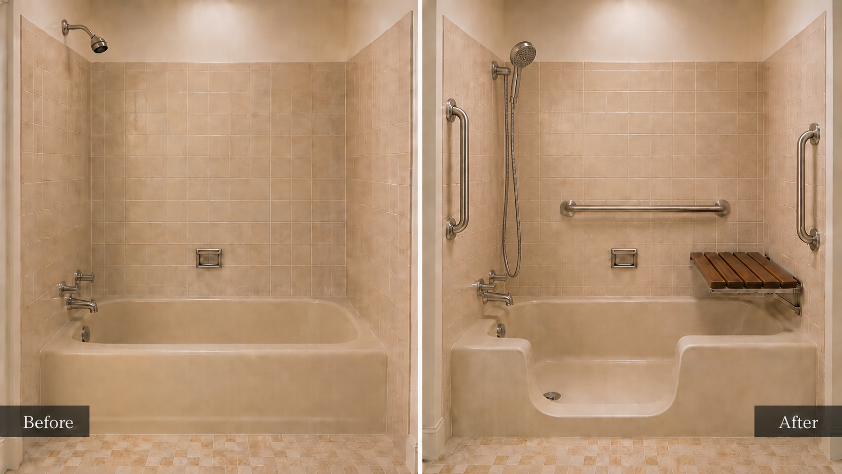 Senior homeowner in a safer Connecticut bathroom with a smooth tub cut, grab bars, handheld shower and shower seat
