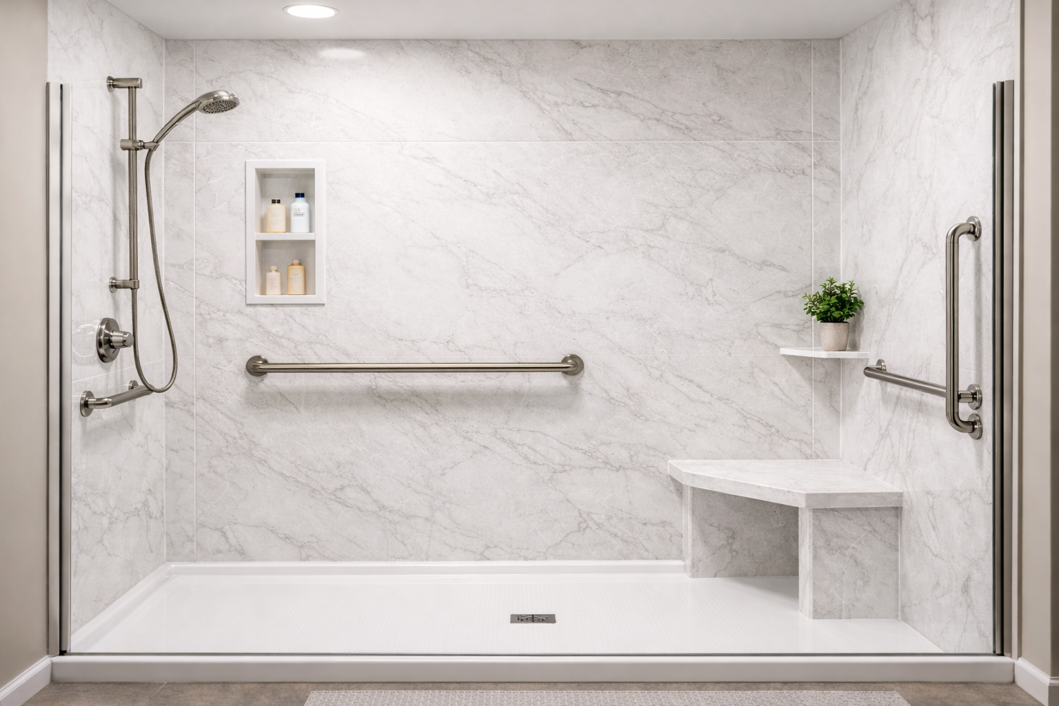 A walk-in shower in Tolland CT with marble walls, a handheld showerhead, a built-in shelf with shampoo bottles, a grab bar, a corner bench with a potted plant, and sliding glass doors.