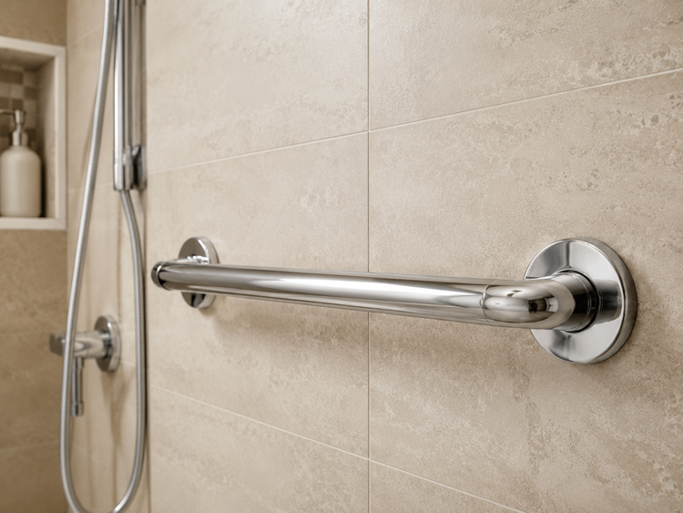Securely mounted chrome grab bar in a tiled shower