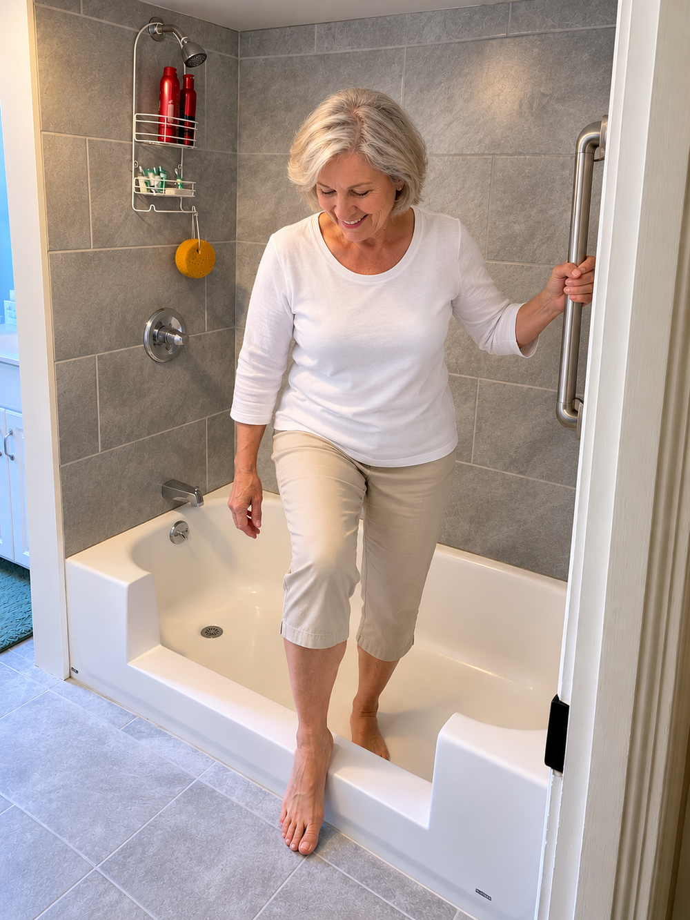 Woman stepping through a lower bathtub entrance
