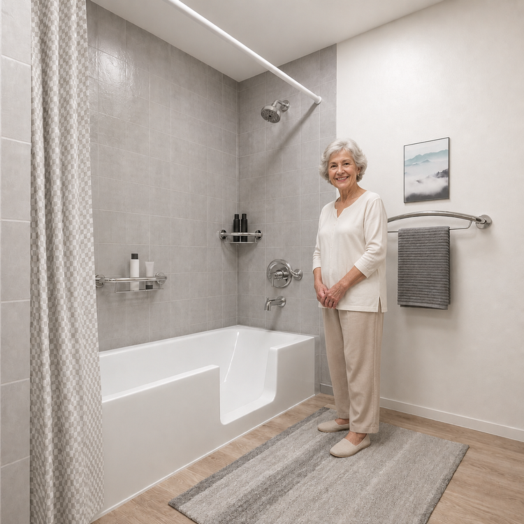 Low-entry tub cut with grab bars and shower bench