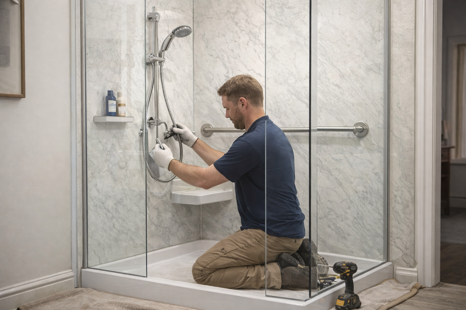 A man kneeling inside a tiled glass shower stall, installing or repairing the shower in Glastonbury CT with tools nearby.