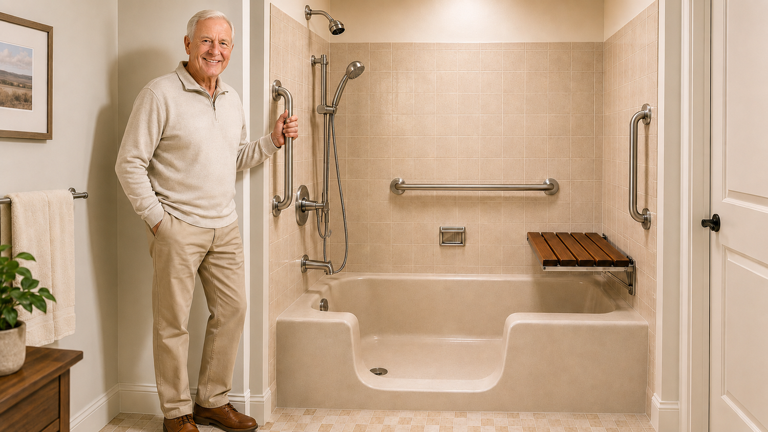 Senior homeowner beside a safer low-entry bathtub with grab bars and shower seating