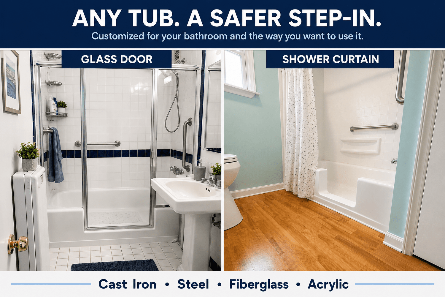 Tub-cut options with a glass shower door or shower curtain