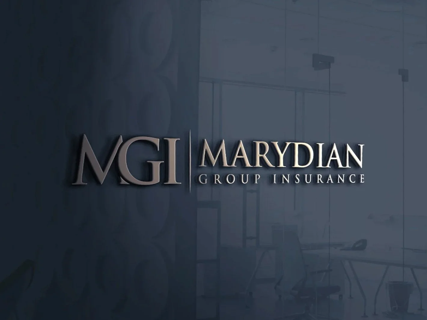 Office wall with logo reading 'NGI Marydian Group Insurance' on a dark blue background.