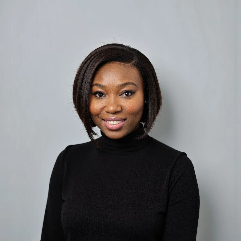 A young woman with shoulder-length dark hair wearing a black turtleneck smiling at the camera with a plain gray background.
