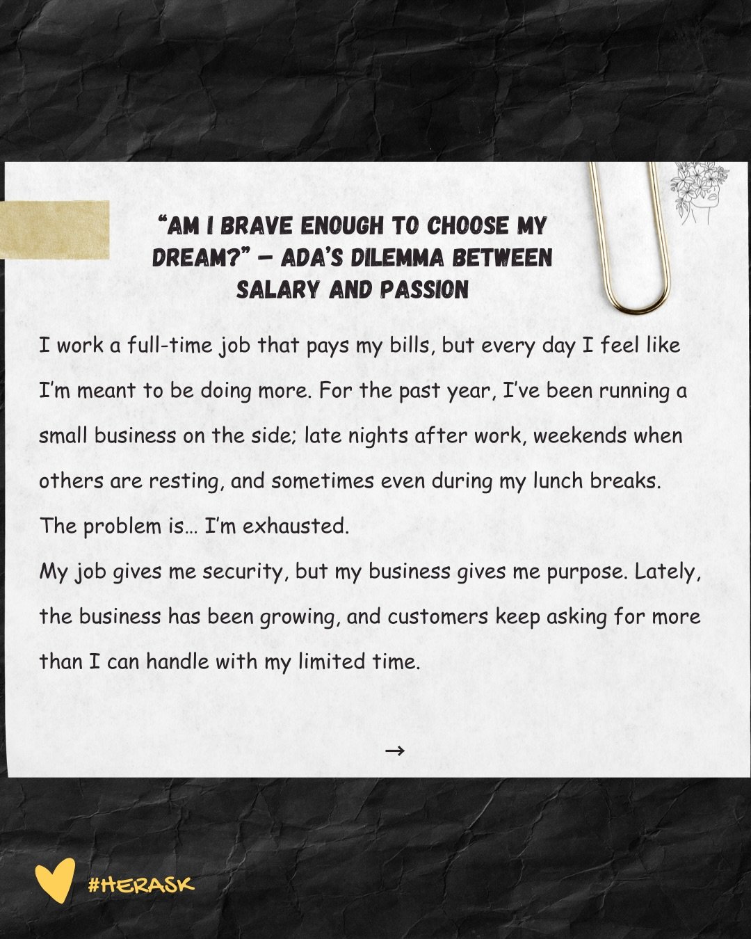 Many women are quietly building something meaningful after work hours&hellip; a business, a vision, a future they truly believe in. But the question remains: When is the right time to take the leap?

Ada is standing at that crossroad. Security on one