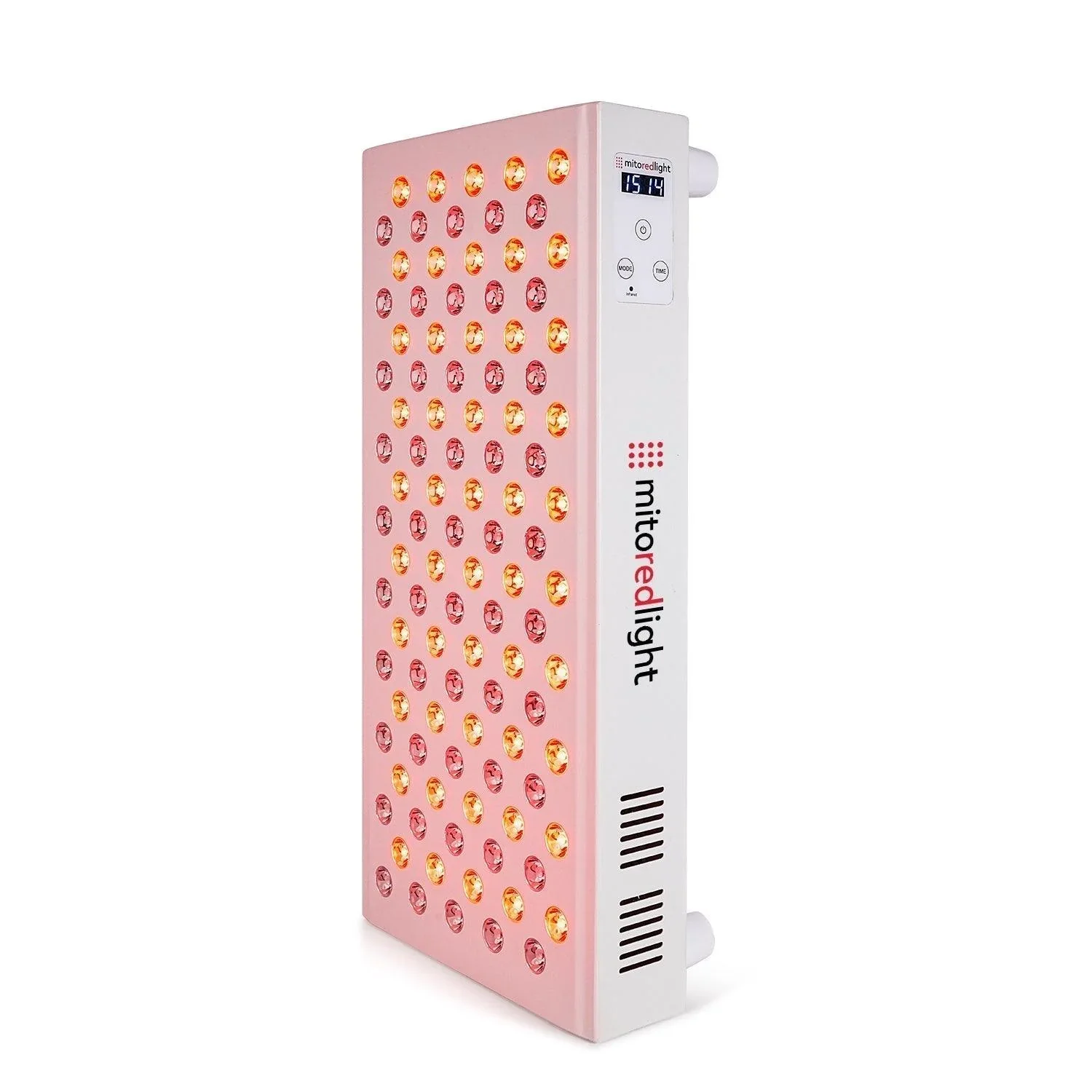 Pink LED light therapy device with multiple small LED bulbs and a digital display screen.