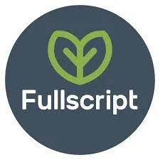 Fullscript logo featuring a green heart-shaped leaf above the word 'Fullscript' on a dark background.