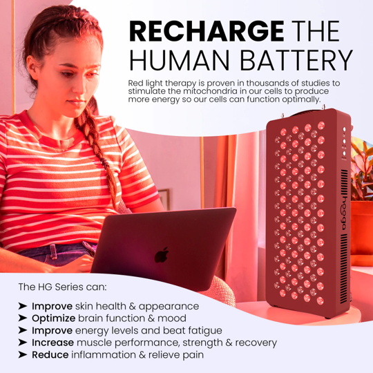 A young woman using a laptop with a red light therapy device nearby. The image promotes recharging the human body using red light therapy to improve health, energy, and mood.