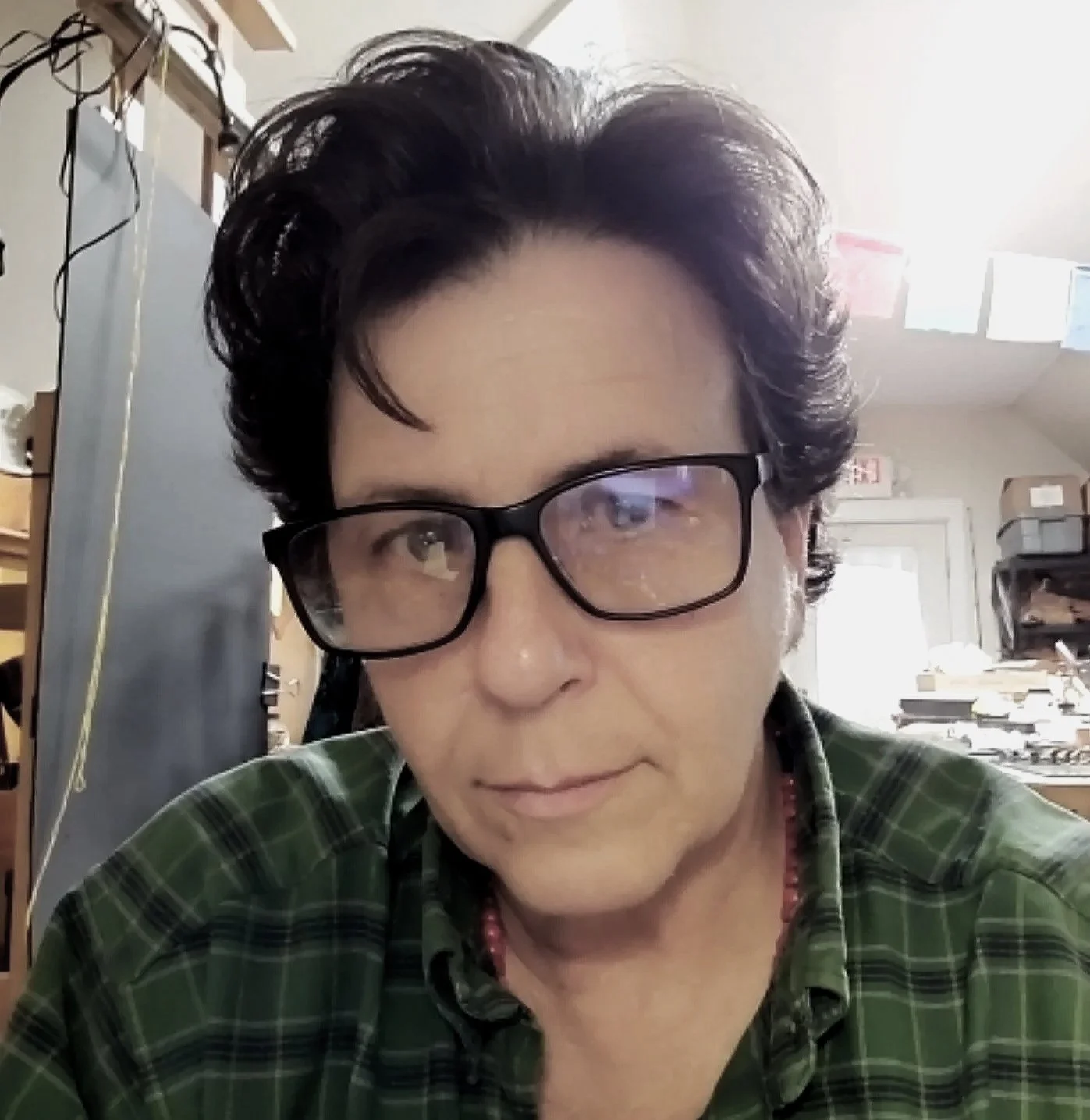 A person with short, dark, wavy hair wearing black-rimmed glasses and a green plaid shirt, sitting in a cluttered room with shelves, boxes, and electronic equipment.