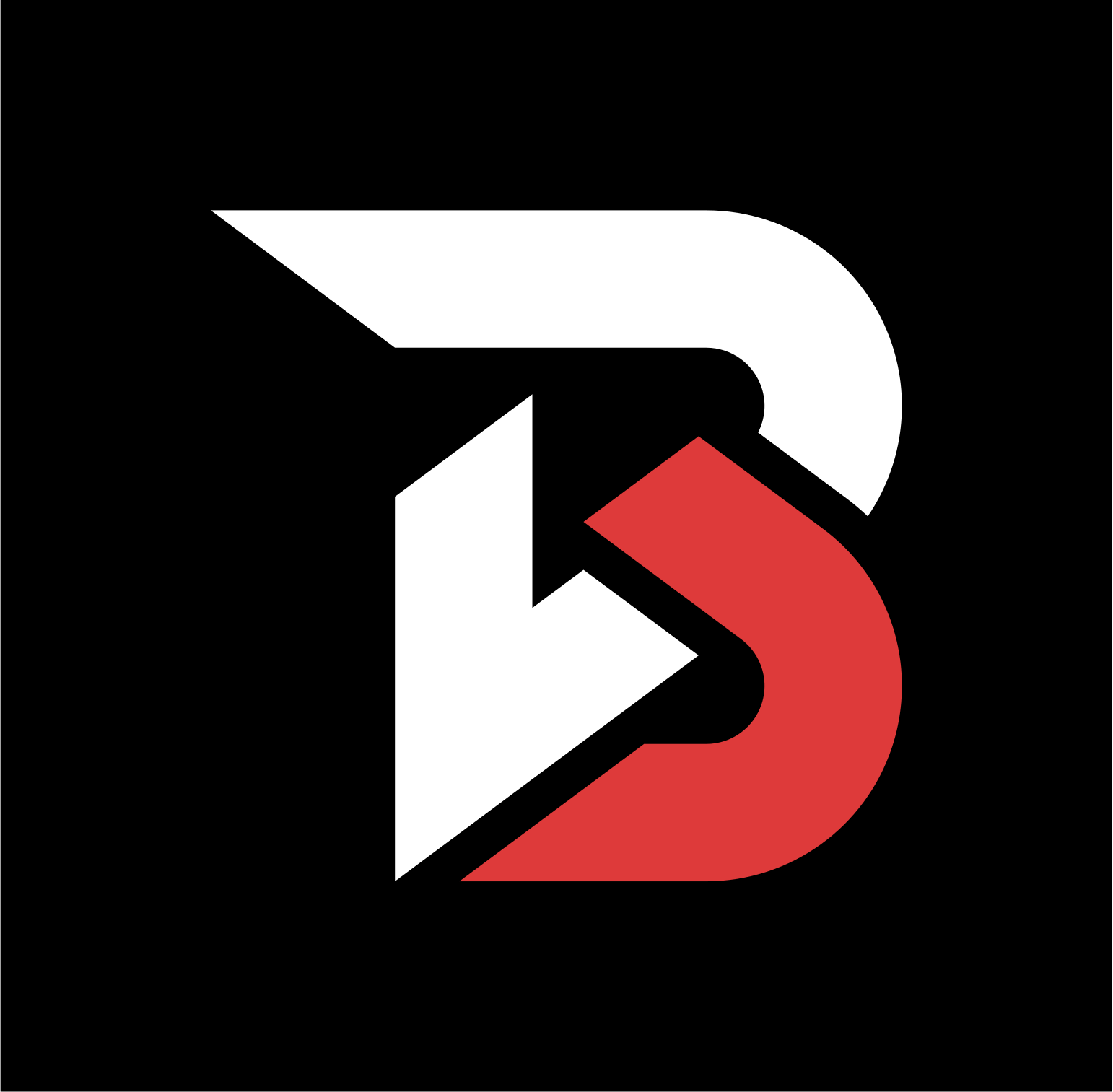 Stylized letter D logo with black, white, and red triangular shapes on a black background.