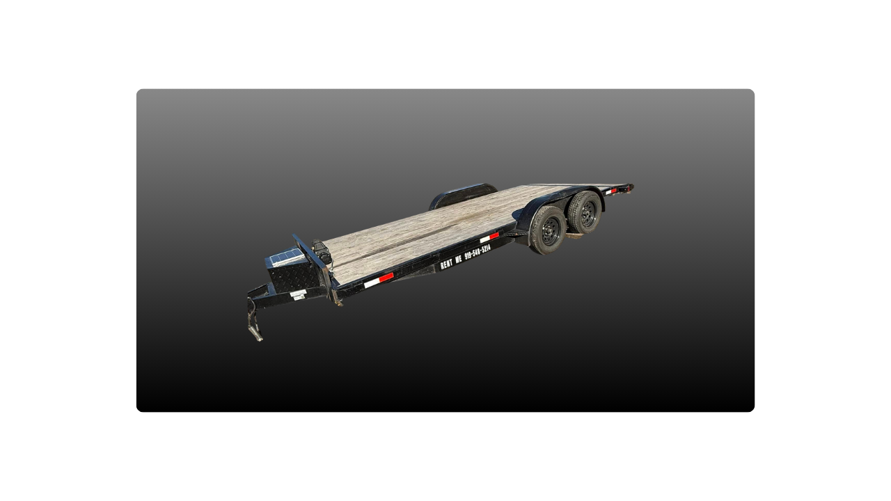A flatbed trailer with a wooden deck, black metal frame, and dual axles with tires, set against a gradient background.
