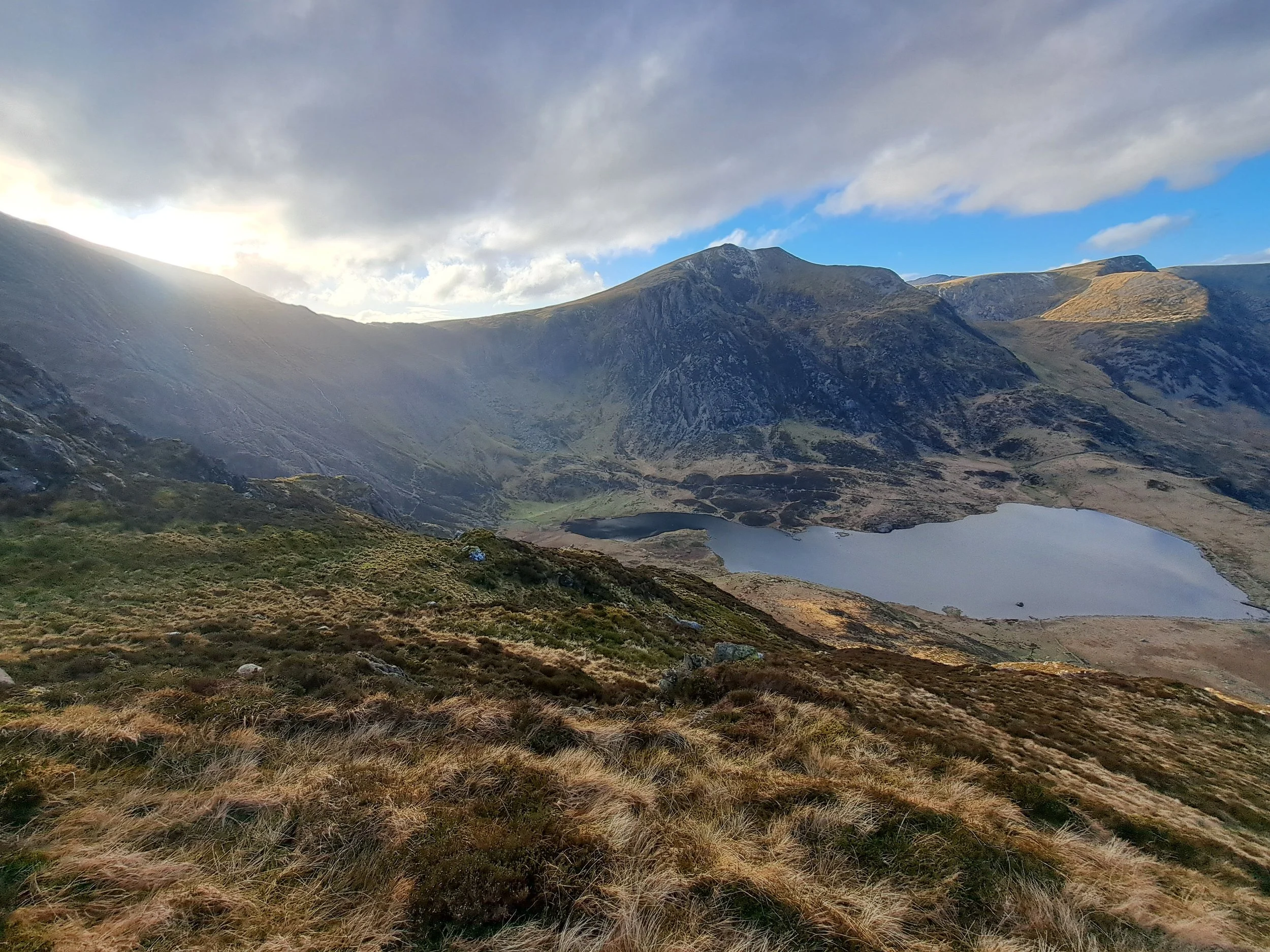 Mountain landscape with a lake, grassy slopes, rugged peaks, and partly cloudy sky.