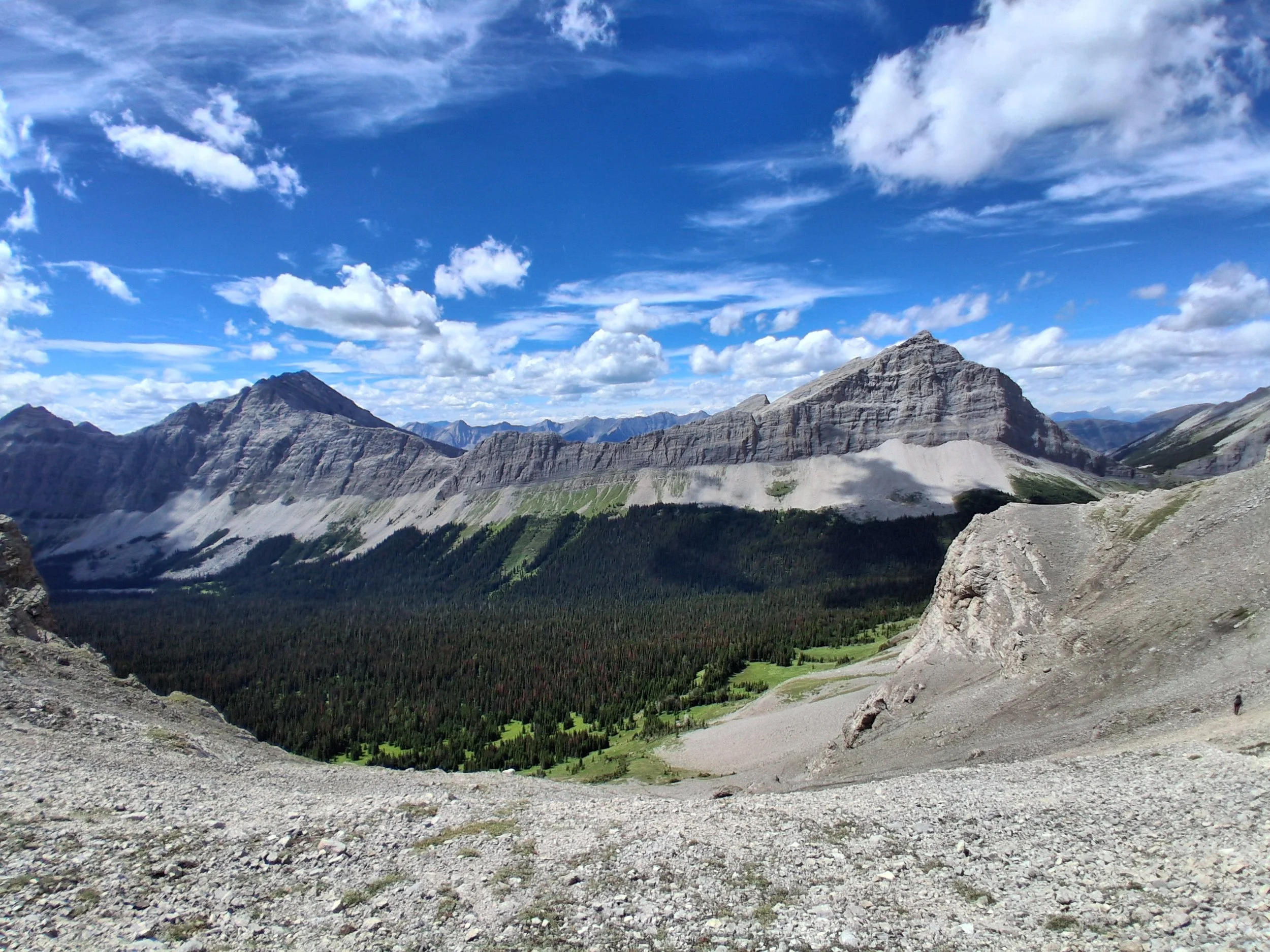 Mountain landscape with rugged peaks, green forested valley, and a bright blue sky with scattered white clouds.