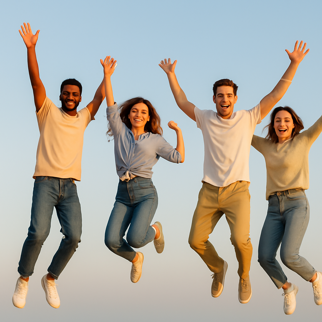 Group of four diverse young adults jumping and celebrating outdoors.