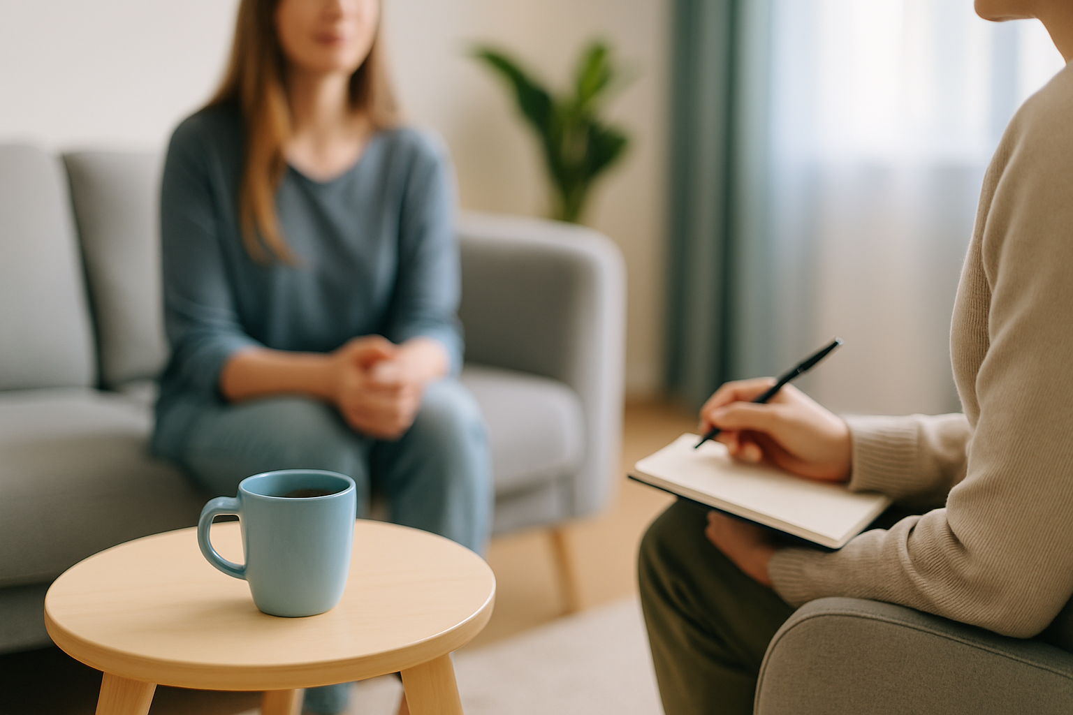 A woman sitting on a sofa during a therapy session, talking to a therapist who is taking notes. A coffee mug is on a small wooden table in the foreground.