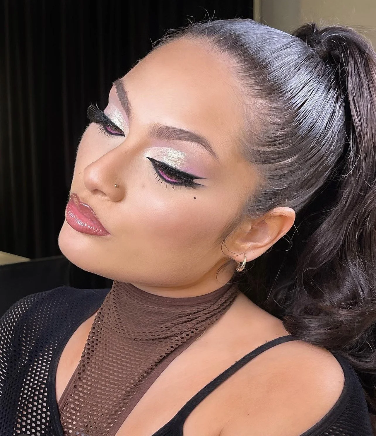 Close-up of a woman with elaborate makeup and a ponytail hairstyle, wearing earrings and a mesh top.