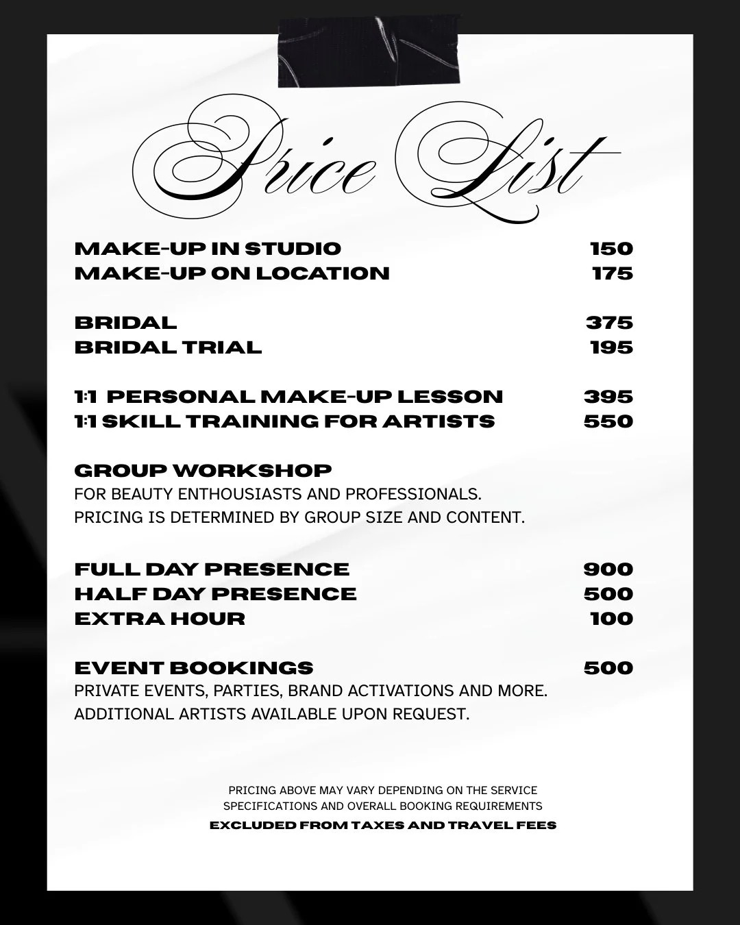 Price list for a beauty or makeup studio including services such as studio and on-location makeup, bridal, bridal trial, personal makeup lessons, skill training, group workshop, full and half day presence, extra hour, and event bookings, with prices ranging from 150 to 550.