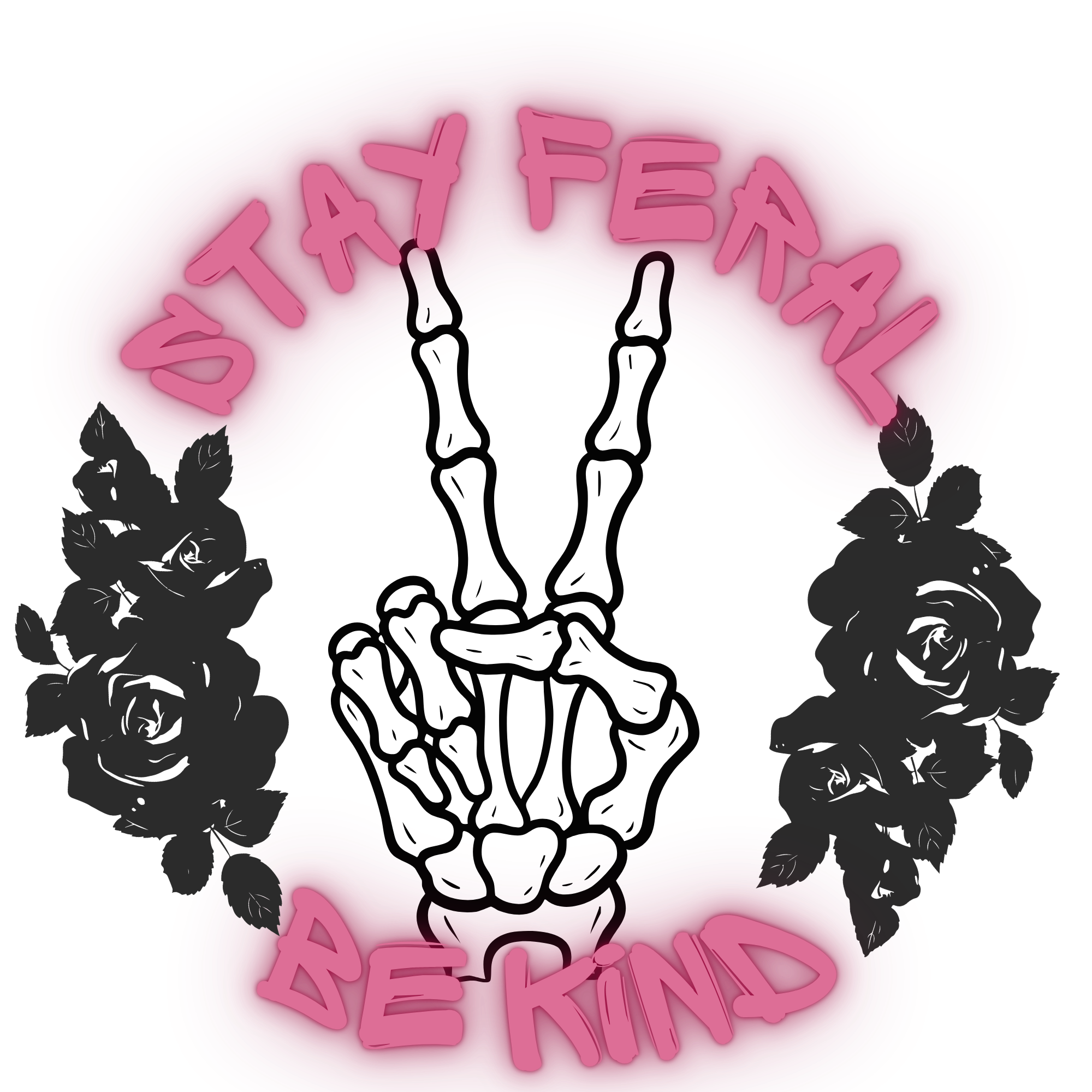 A neon sign reading 'Stay Fake Be Kind' with a hand making a peace sign, surrounded by roses, with a red background.