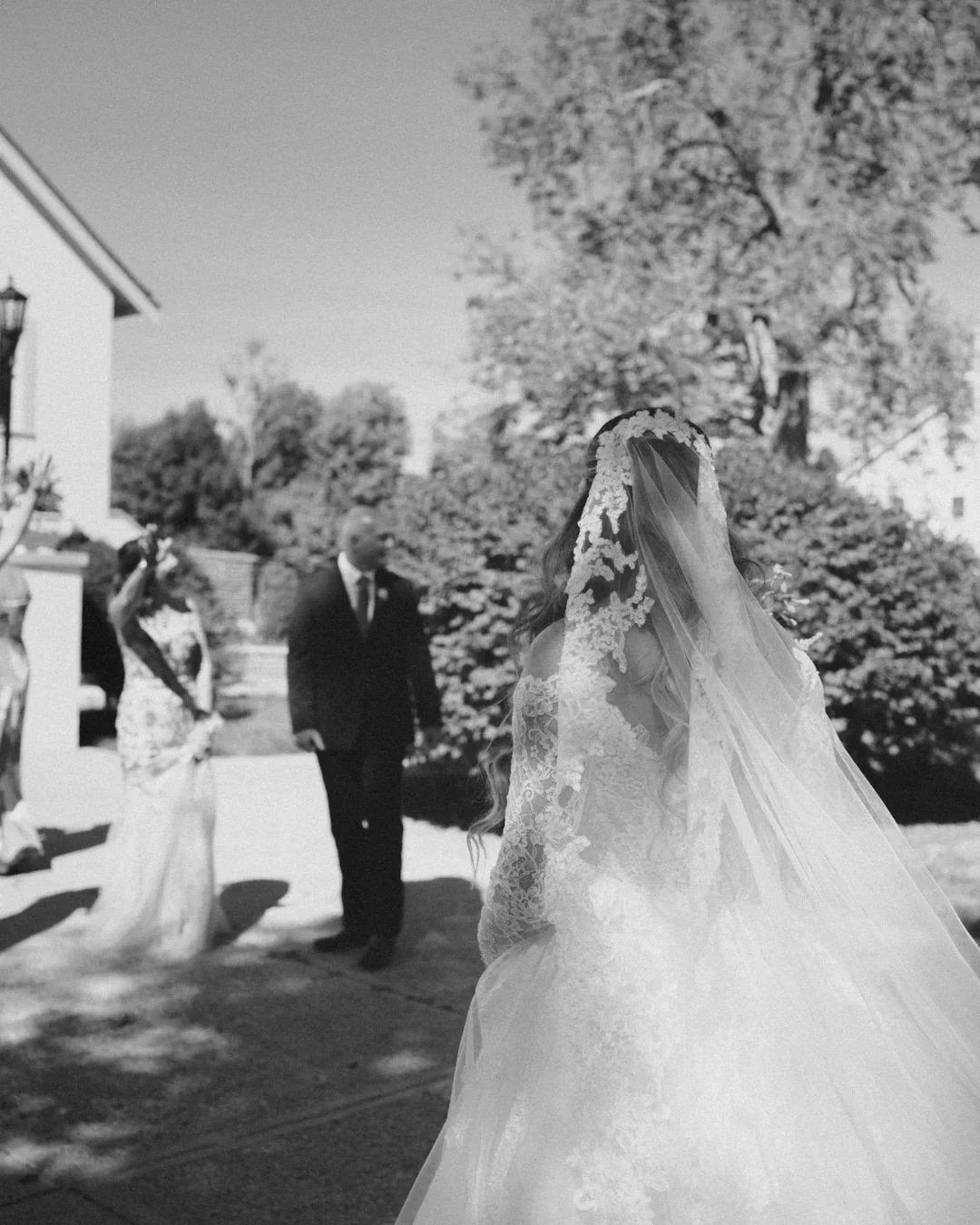 A bride in a lace gown and veil walks outdoors at a Massachusetts wedding, sunshine filtering through trees and bushes in the background.