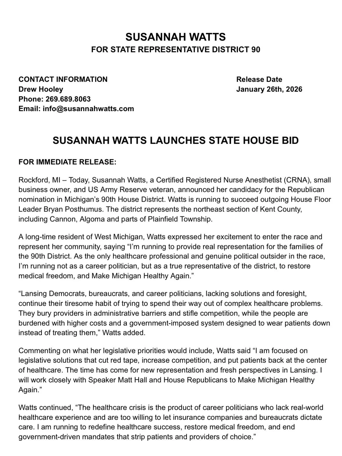 It&rsquo;s officially official. 

Today, I&rsquo;m announcing my candidacy for State Representative in Michigan&rsquo;s House District 90. I&rsquo;m grateful for the opportunity to step forward and fight for the people of our district. 

Thank you to