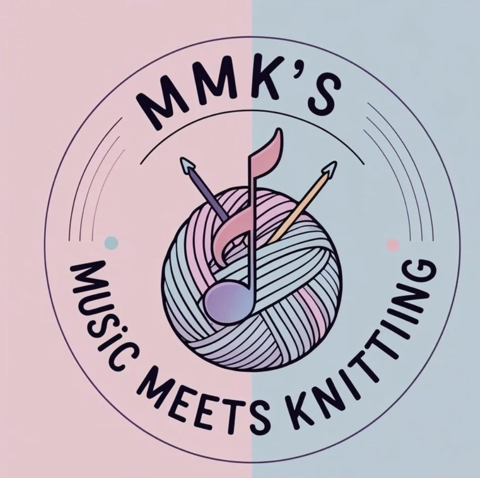 Logo for 'MMK's Music Meets Knitting' showing a ball of yarn with knitting needles and musical notes, with a pink and blue split background.