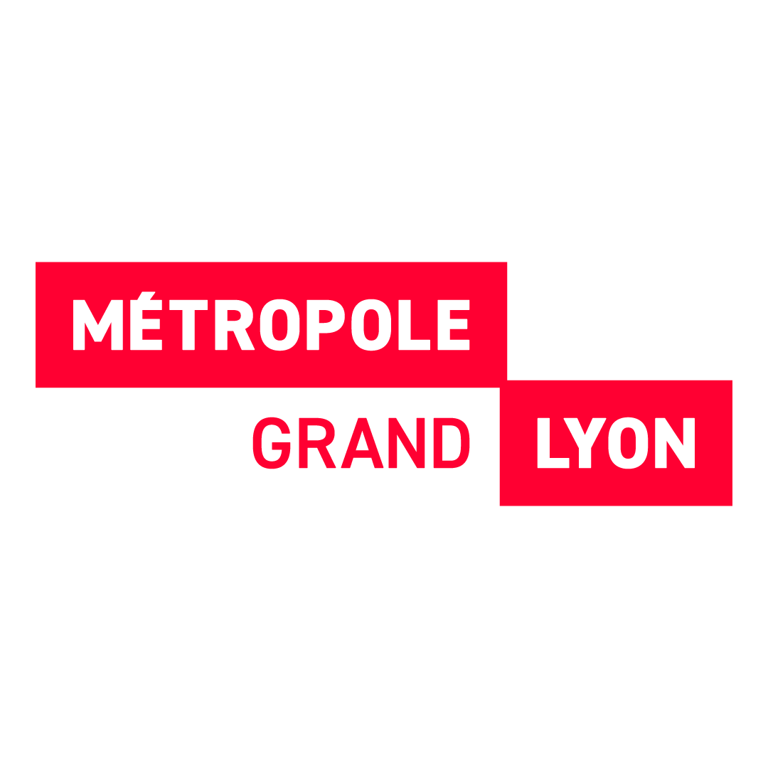 Logo de la métropole de Lyon avec le texte 'Métropole Grand Lyon' en blanc sur un fond rouge, disposition dynamique.