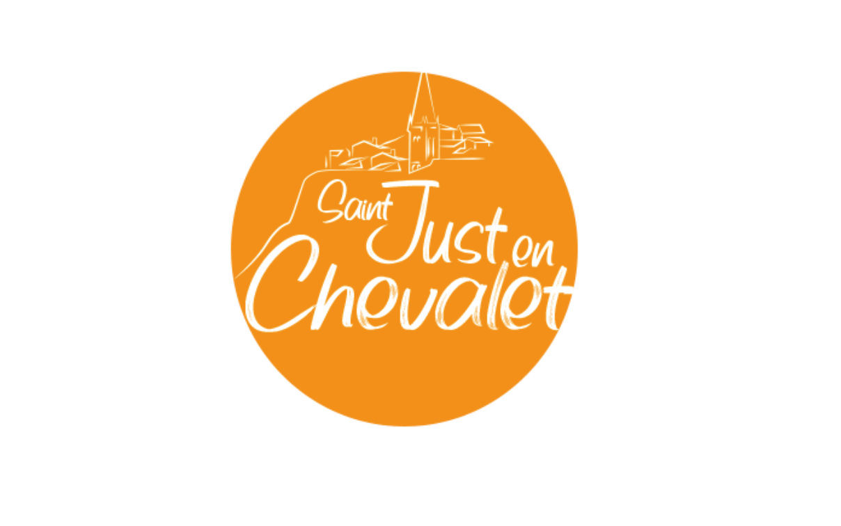 Logo orange avec le texte 'Saint Just en Chevalet' écrit en blanc, avec une illustration simplifiée d'une église ou d'un bâtiment dans la même couleur en haut.