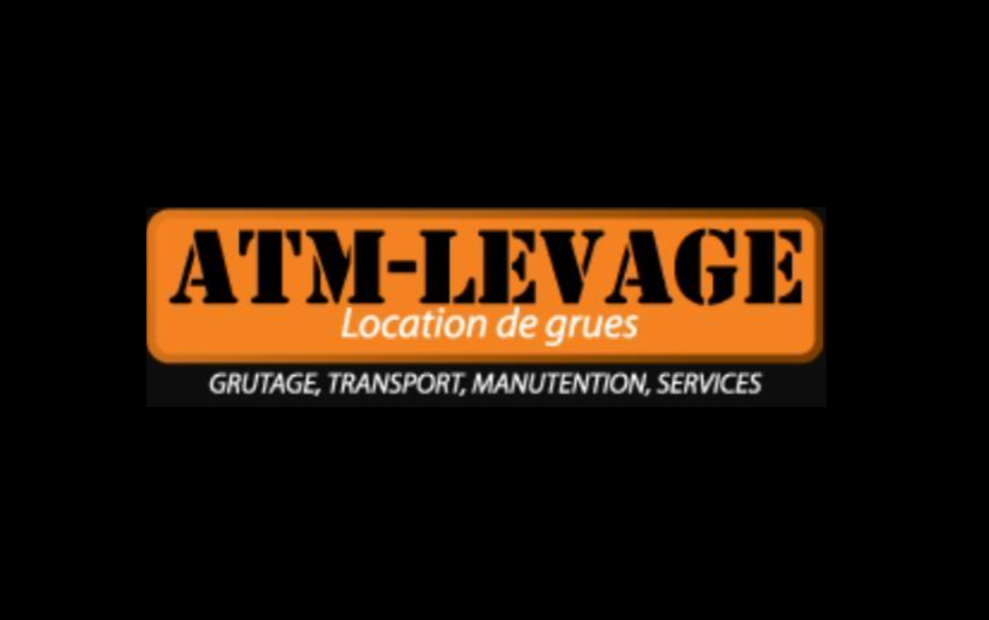 Logo d'une entreprise de location de grues, ATM-Levage, avec le slogan "Location de grues" et la liste de services comme grutage, transport, manutention, services en dessous.