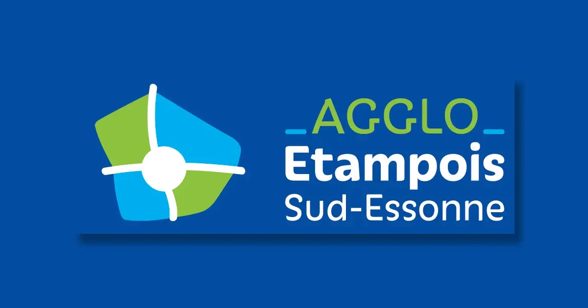 Logo de l'AGGLO de l'Etampois, Sud-Essonne, avec un symbole stylisé en bleu et vert sur fond bleu