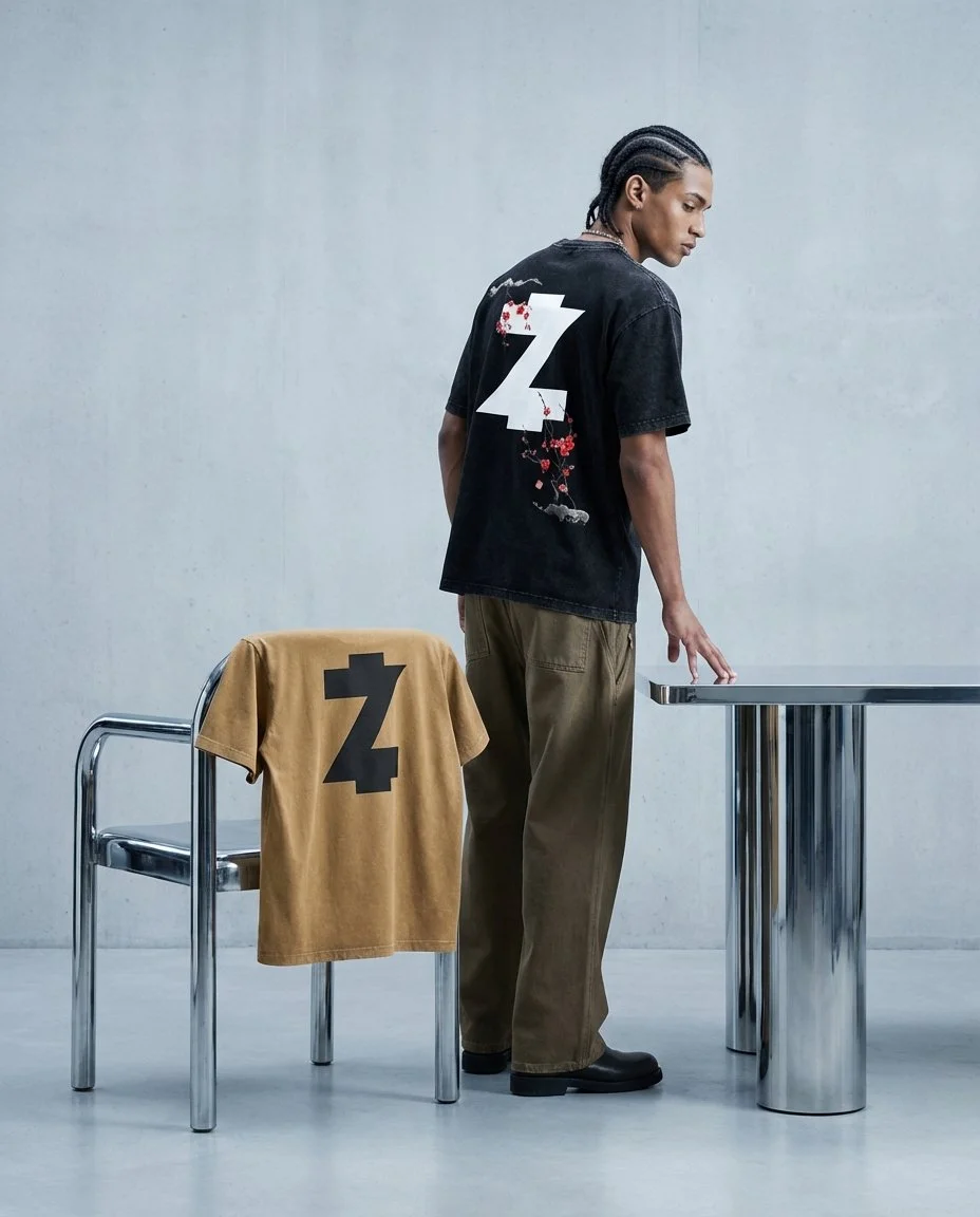 A man with braided hair standing next to a metal table, wearing a black T-shirt with a large white Z and cherry blossom design on the back. A second T-shirt with a large black Z is draped over a chair beside him.