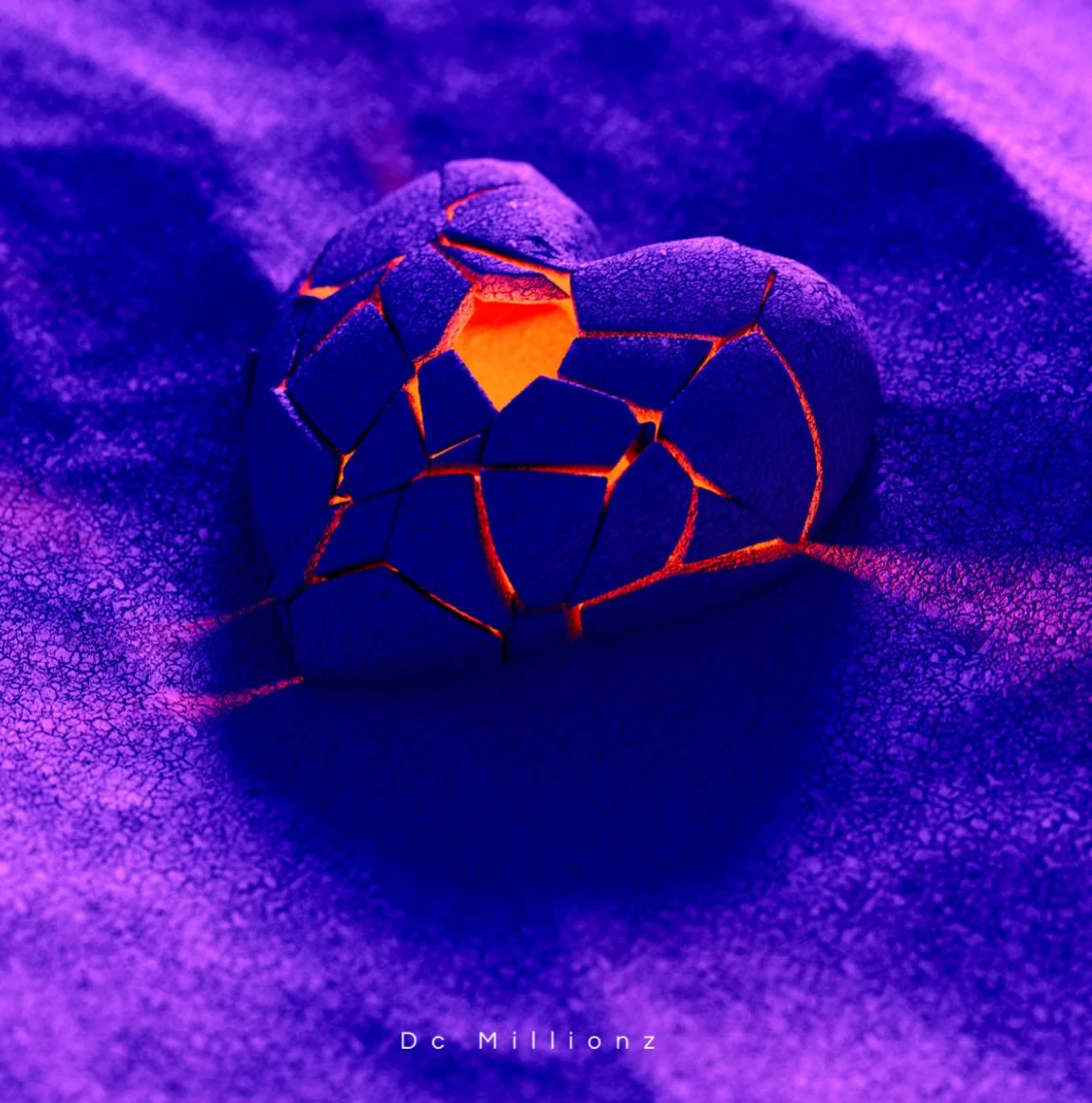 A close-up of a flower with purple petals and a glowing orange center, with a cracked petal structure and vibrant purple and orange colors.