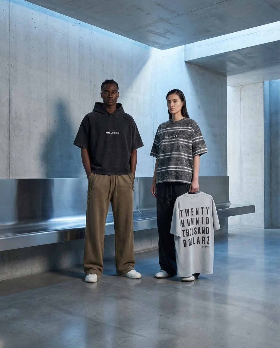 Two models standing in front of a concrete wall in a modern building. The male model wears a black hoodie with white text and tan pants, the female model wears a grey striped t-shirt with black pants and holds a t-shirt with large black text reading 'TWENTY HUNDRED THOUSAND DOLLARS'.