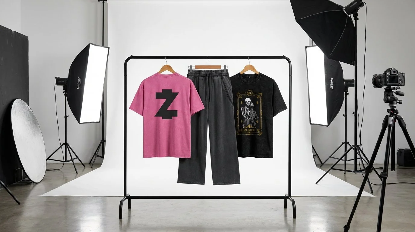Photo of a professional photography studio setup with clothing on a rack, including a pink T-shirt, black pants, and a black T-shirt with graphic prints, surrounded by studio lights and cameras.