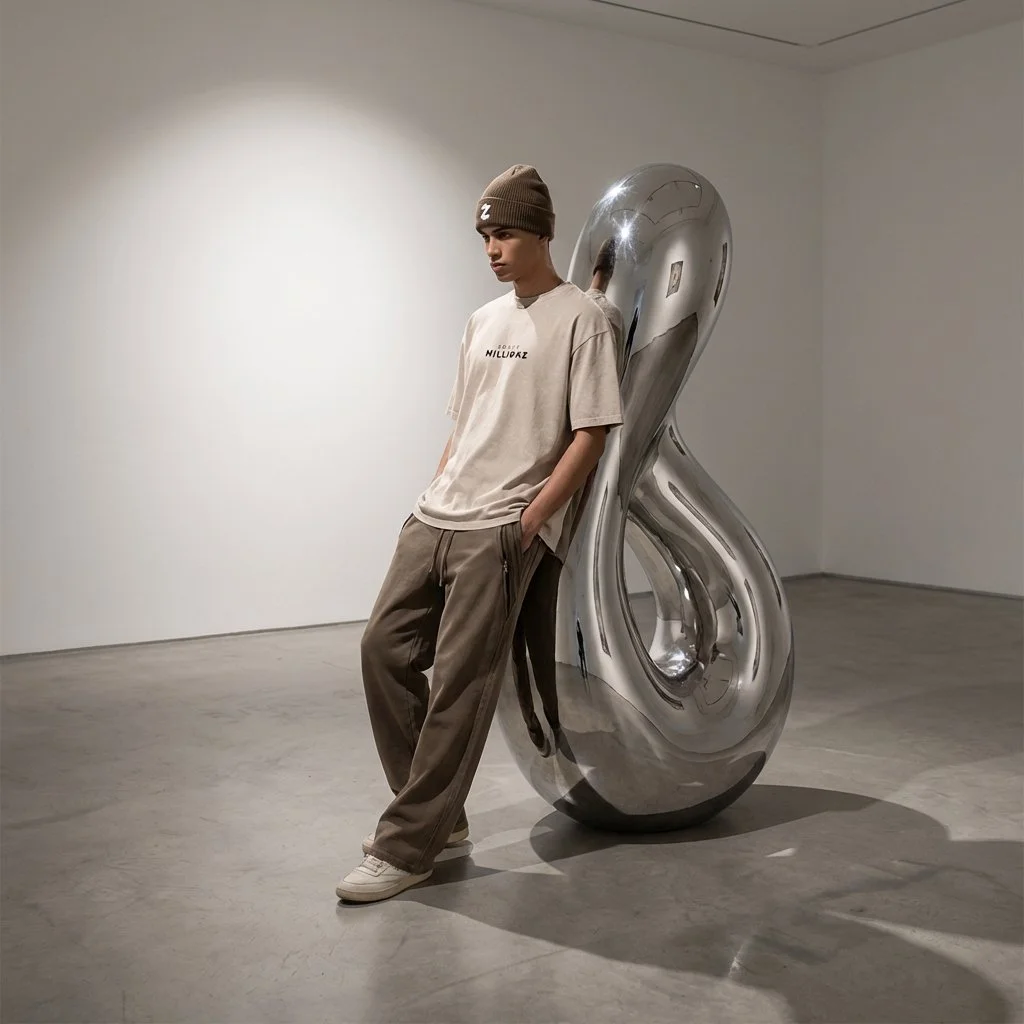 A young man wearing a beige beanie, a beige T-shirt, beige pants, and white sneakers leaning against a shiny, large, abstract metal sculpture in an art gallery.