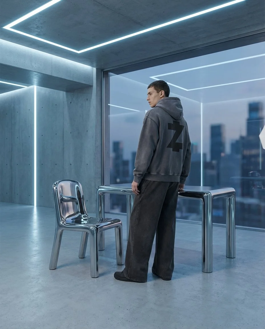 A man stands in a modern, minimalistic room with concrete walls and floor, large glass windows showing a cityscape, metallic chairs, and sleek LED ceiling lights.