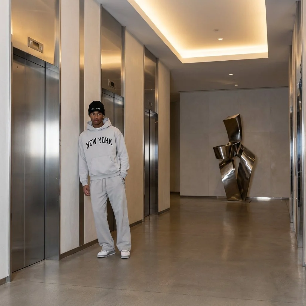 A young man in a white hoodie labeled 'New York' and matching sweatpants, wearing a black beanie and white sneakers, stands in an elevator lobby with stainless steel elevators on the left and modern abstract metal sculpture on the right, in a well-lit, minimalist interior.