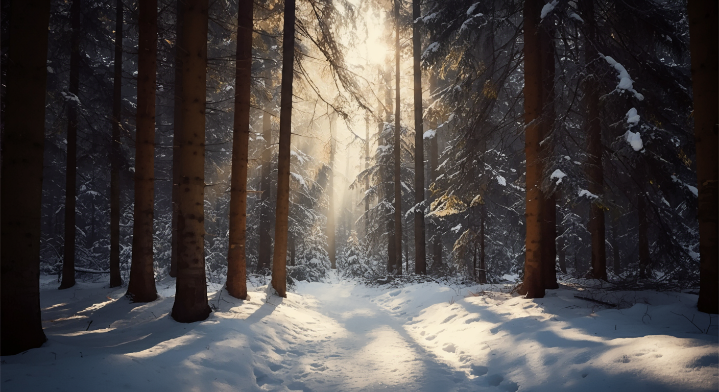 Sunlight rays shining through a snowy forest with tall trees and a snow-covered trail.