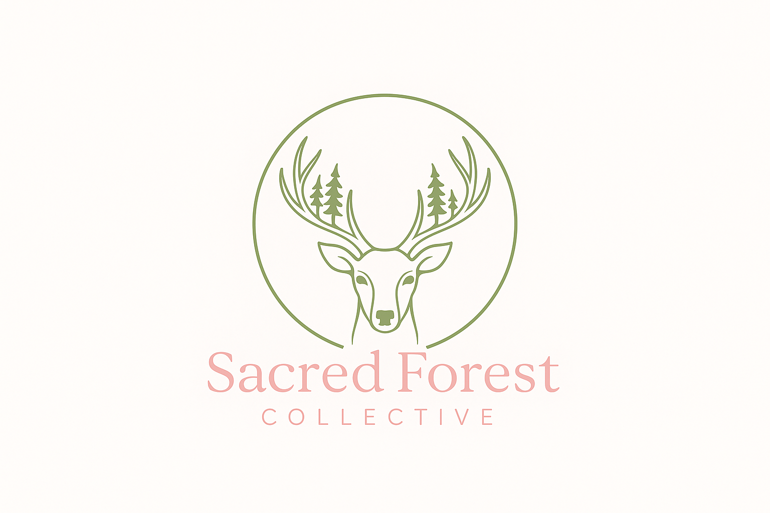 Logo of Sacred Forest Collective featuring a minimalist line drawing of a deer with antlers shaped like trees, enclosed in a circle, with the name "Sacred Forest" in pink and "Collective" underneath.
