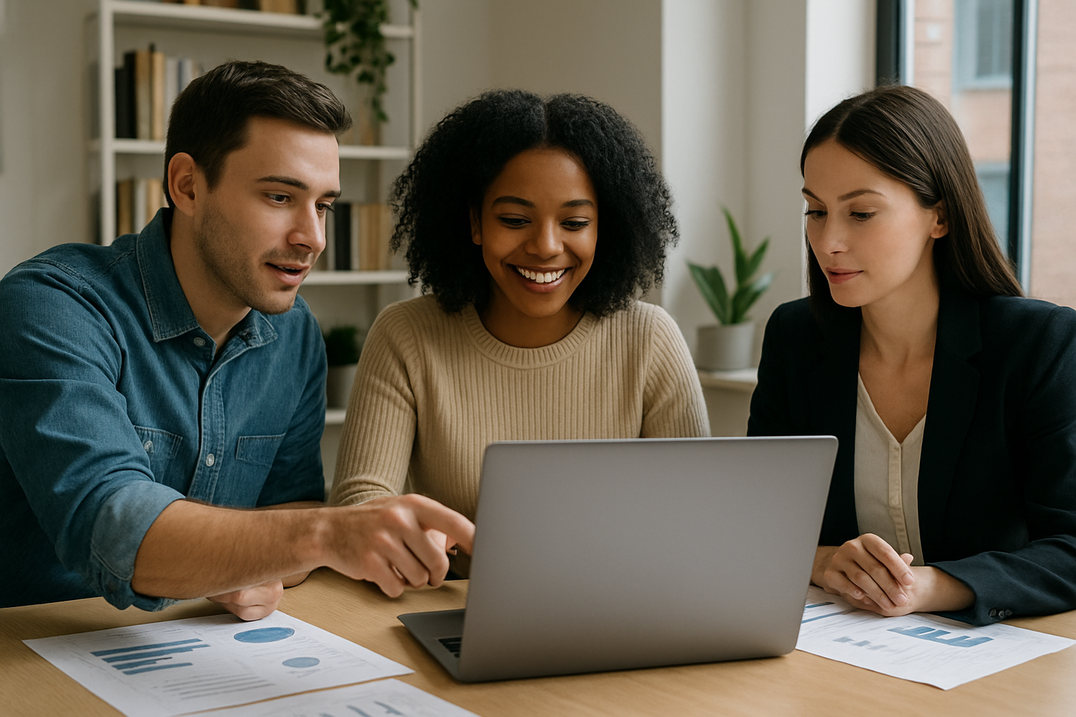 Three people, two women and one man, sitting at a desk looking at a laptop and smiling, with documents and charts on the desk, in a bright office space.