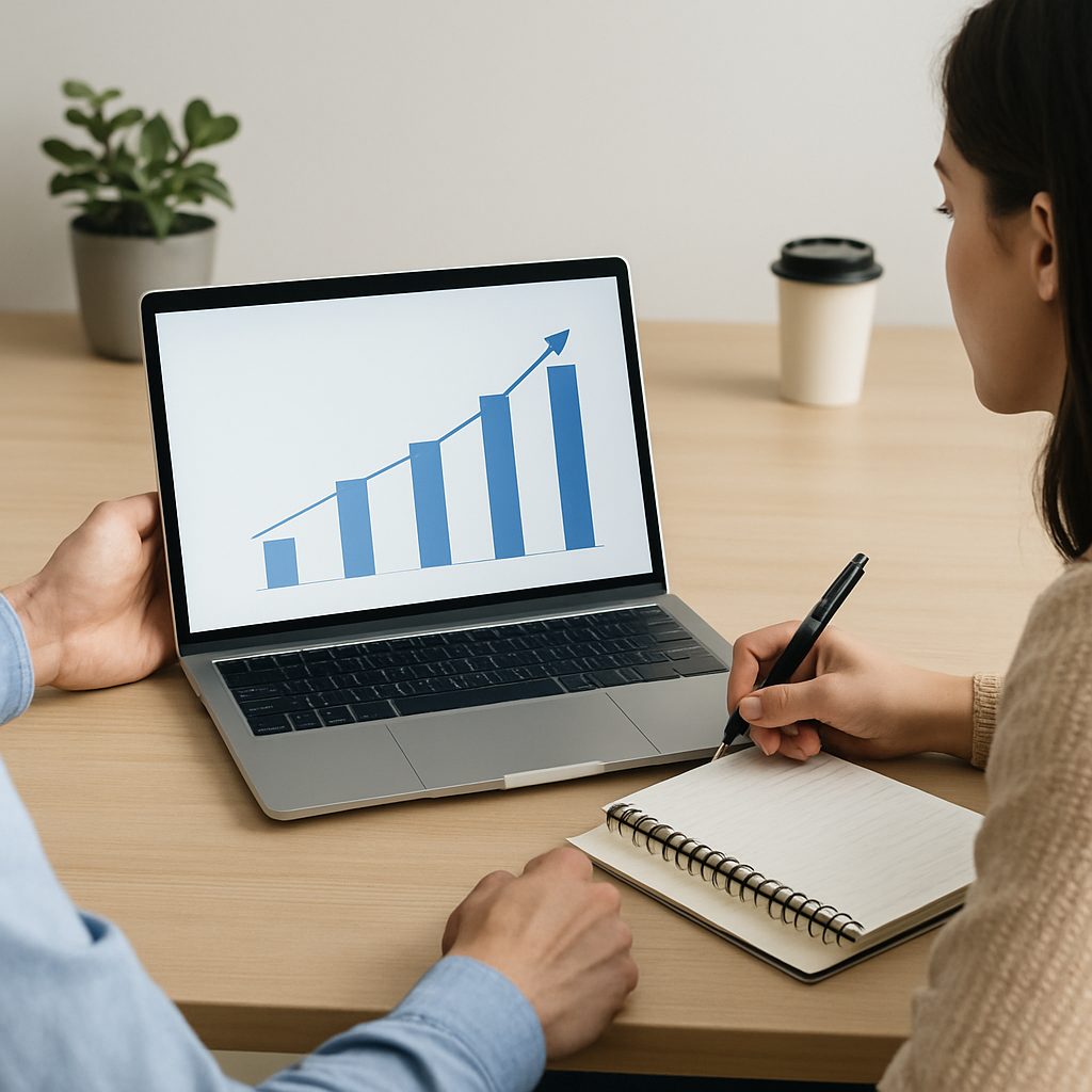 Two people reviewing a rising bar chart on a laptop screen during a business meeting, with one person taking notes in a notebook.