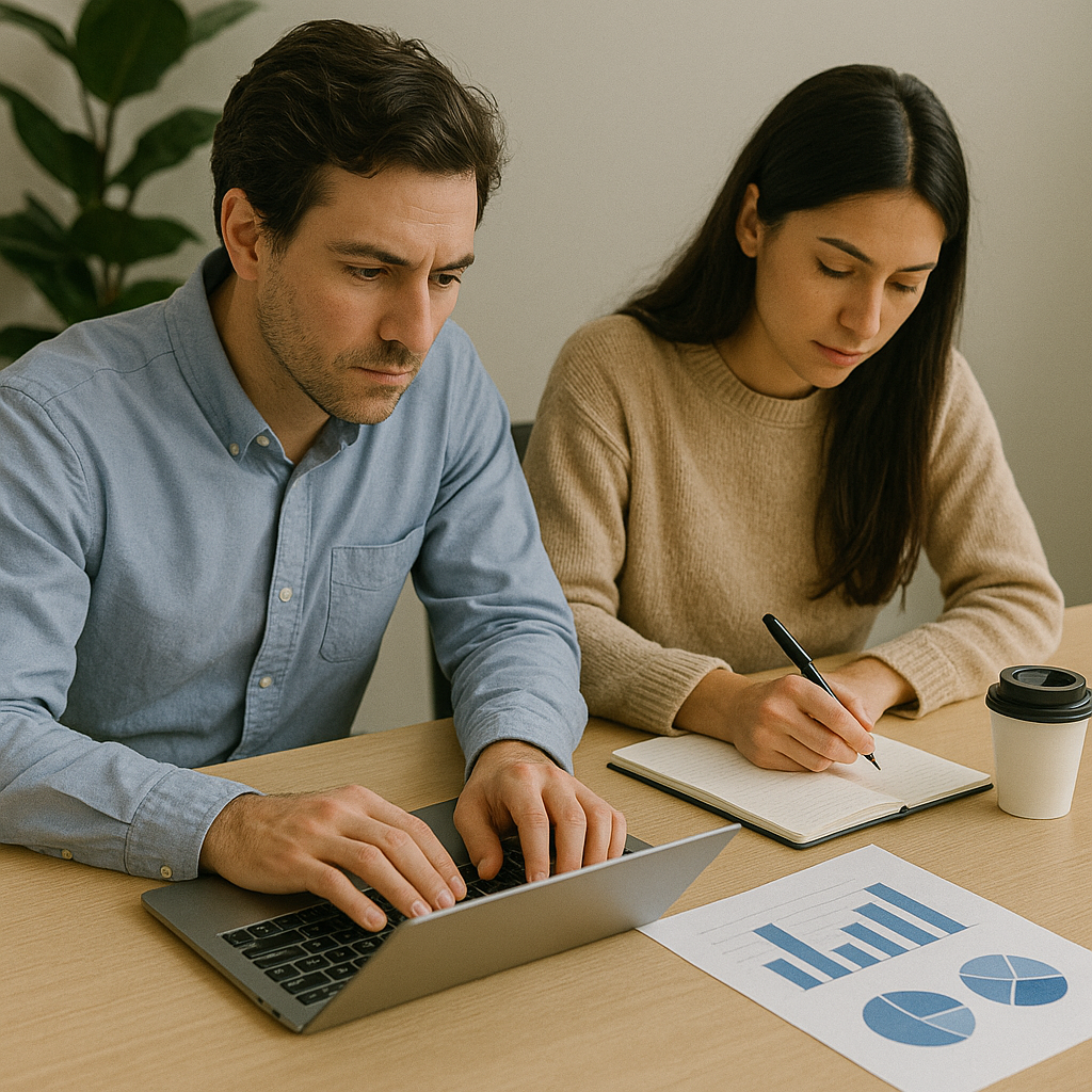 A man and woman working together at a light wooden table with a laptop, notebook, paper graphs, and a coffee cup. The man is typing on the laptop, and the woman is writing in her notebook.