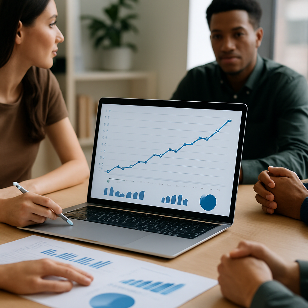 Business meeting where two people are looking at a laptop displaying a rising line graph, bar charts, and a pie chart, with printed charts on the table.