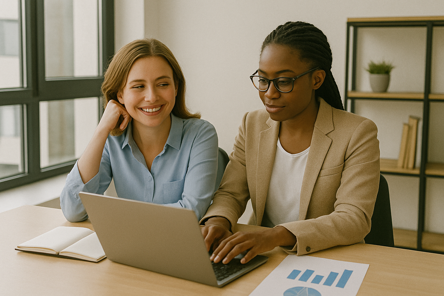 Two women working together at a desk with a laptop and documents, smiling and collaborating in an office.