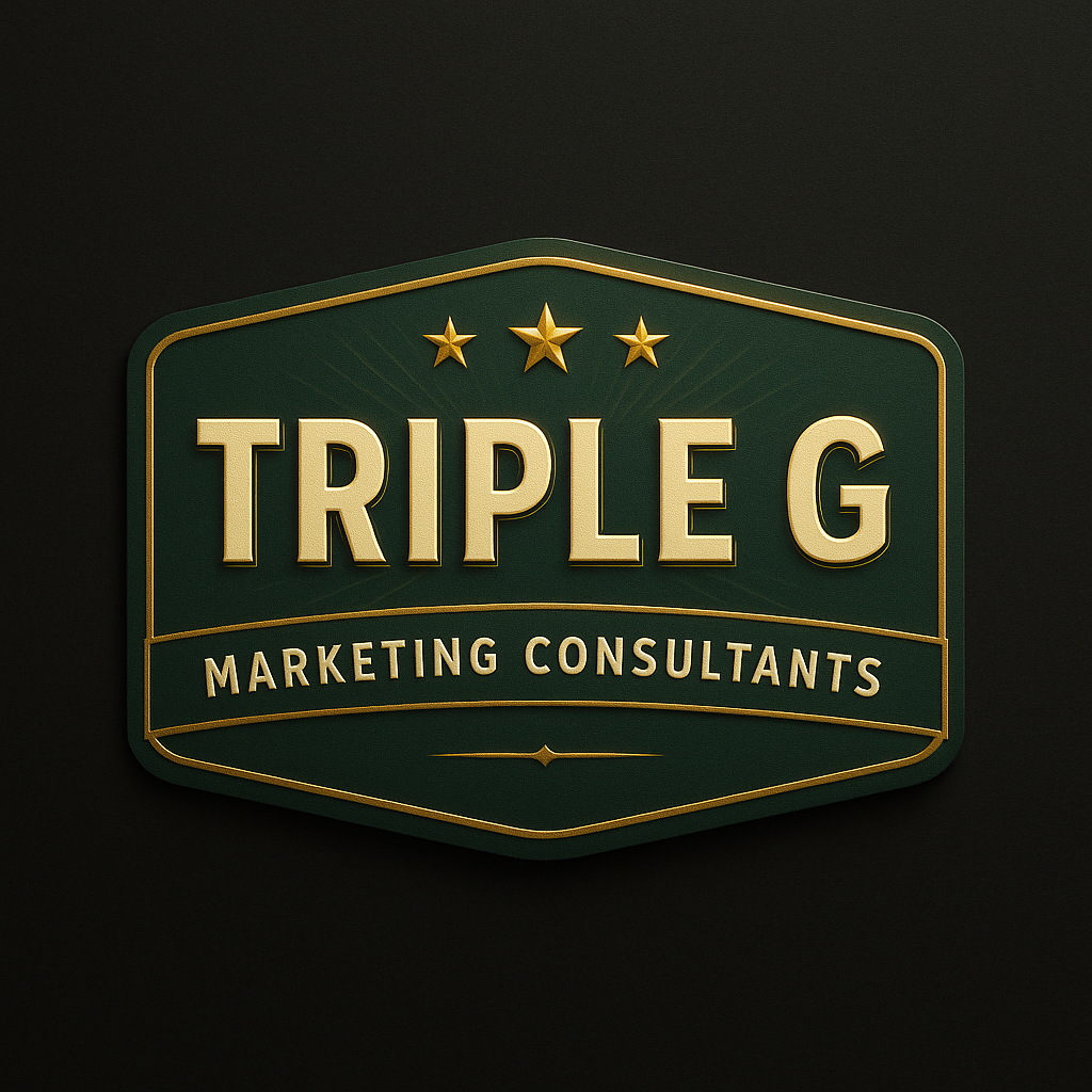 Green and gold logo for 'Triple G Marketing Consultants' with three gold stars above the text.