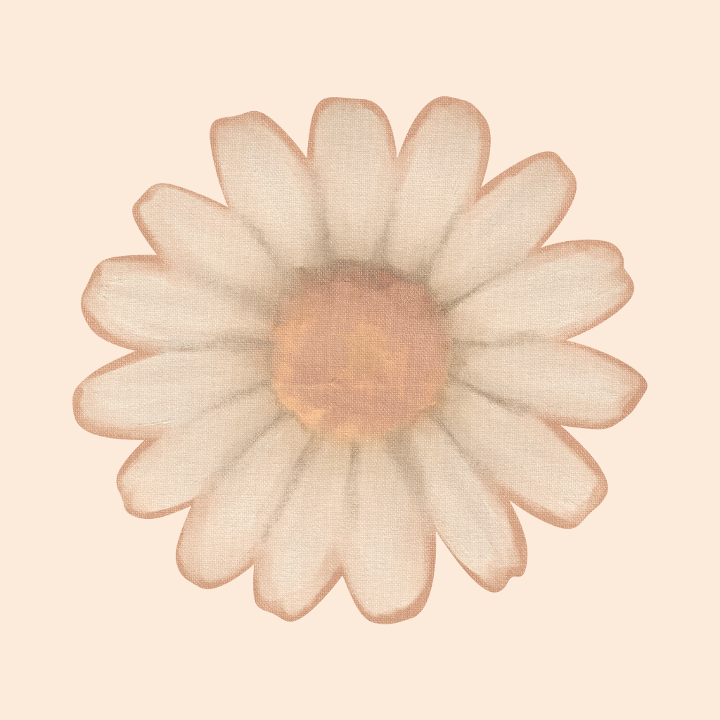 A digitally illustrated daisy flower with light-colored petals and a yellow center on a beige background.