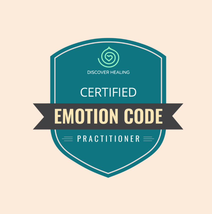 Certified emotion code practitioner badge with teal and beige colors, featuring a heart and leaf logo, and the text "Discover Healing".