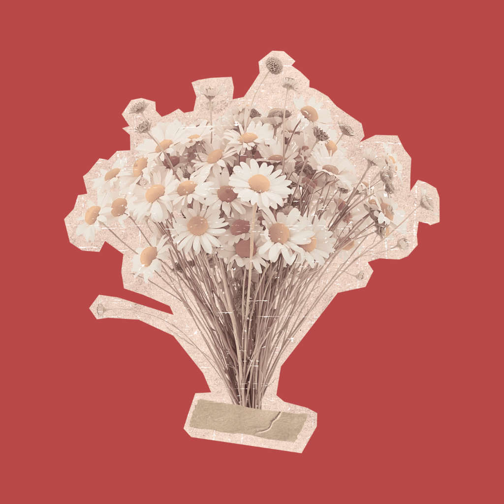 A collage of a bouquet of daisies with a torn paper effect on a red background.